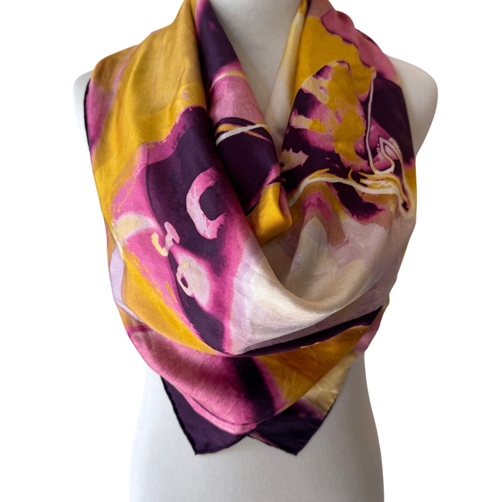 Vintage Christian Dior Chris 1947 Silk Square Scarf Purple Pink Yellow Y2K 33in